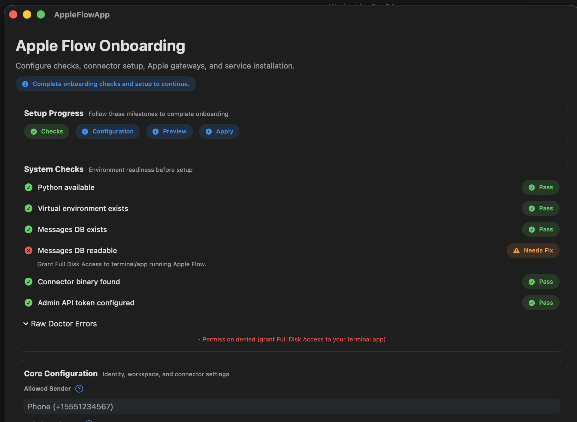 Swift Onboarding Error: Full Disk Access Needed